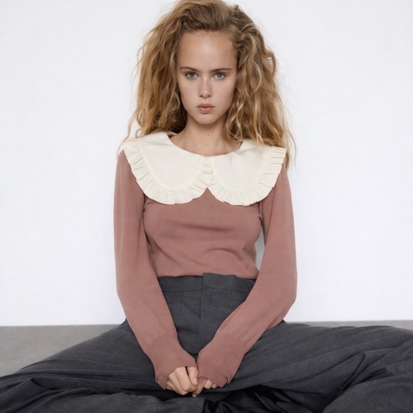 Zara Ruffled Peter Pan Collar Knit Top Blush Pink S - Picture 1 of 15
